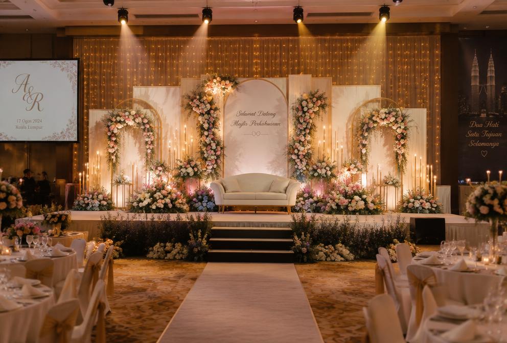 Wedding reception stage with floral backdrop and warm lighting