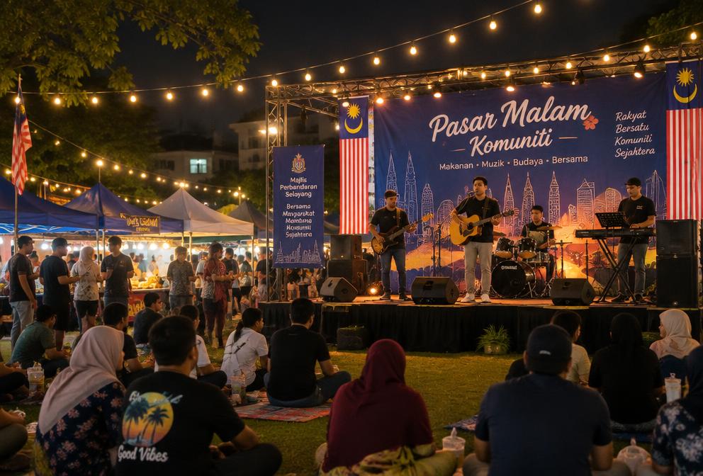 Outdoor community festival stage with a live band at night