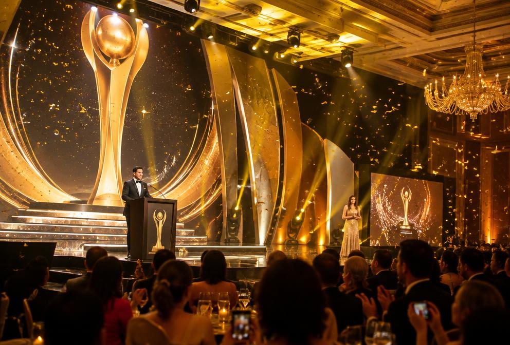 Awards night stage with golden lighting in a ballroom