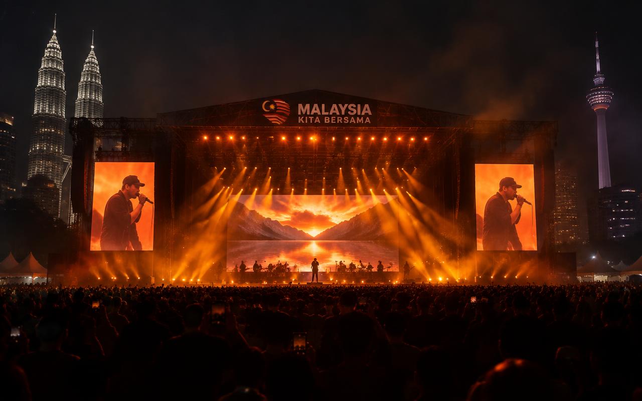 Technical crew operating sound, lighting and LED video for an event stage in Malaysia